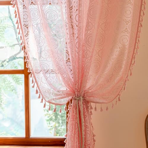 Pink Lace Curtains 84 Inches Long 2 Panels Boho Crochet