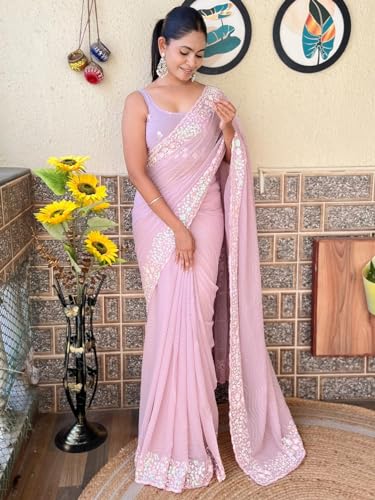 Image of AKHILAM Women's Multicolor Georgette Embellished Saree with Unstitched Blouse Piece(KESARI9501 KR Parent)