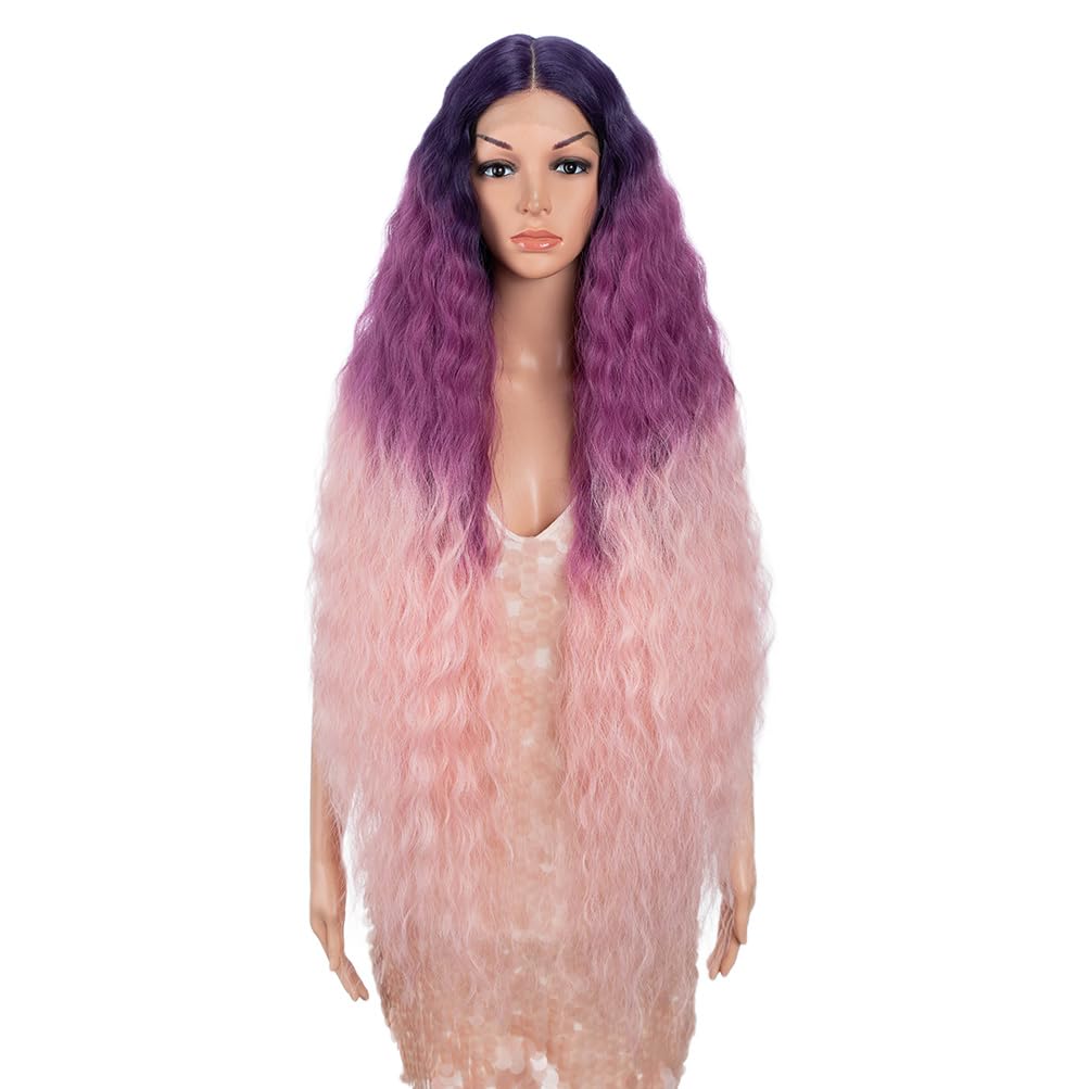 Style Icon 41" Ombre Purple Pink Wig Lace Front Wigs Long Wavy Synthetic Wigs with Baby Hair Half Hand Tied 130% Density Wigs (41", GT M.PU/M.PK1/PK20)