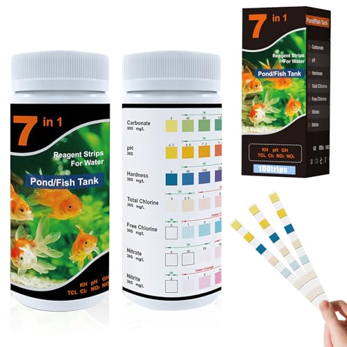 FDHBDF 7 in 1 Aquarium Teststreifen 100 Stück, Aquarium Wassertest zur Messung von pH, KH, GH, Nitrat, Nitrit, Chlor & Gesamtalkalität für Aquarium, Teich & Fischbecken, Schnelltest in 30 Sekunden