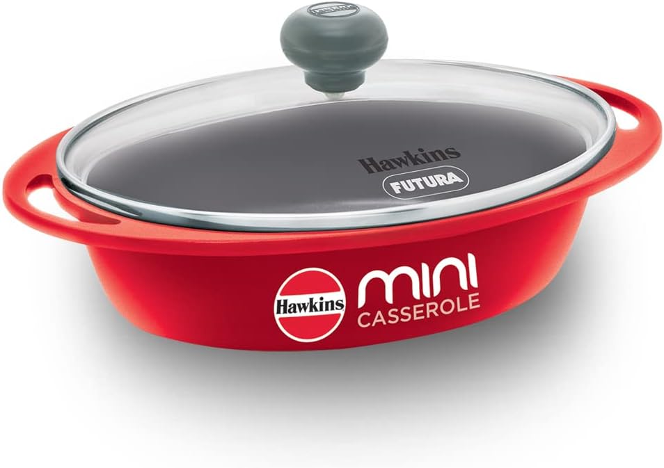 0.75 Litre Mini Casserole with Glass Lid, Oval Shaped Die-Cast pan for Cooking, Reheating, Serving and Storing, Red (DCR75G)