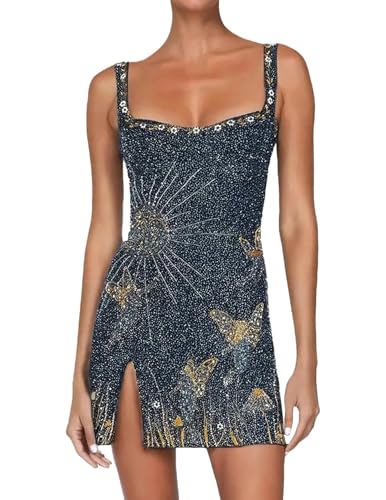 Blue Mini Sequin Dress Sleeveless Backless Slit Slip Embroidery Bodycon Sexy Party Corset Dress