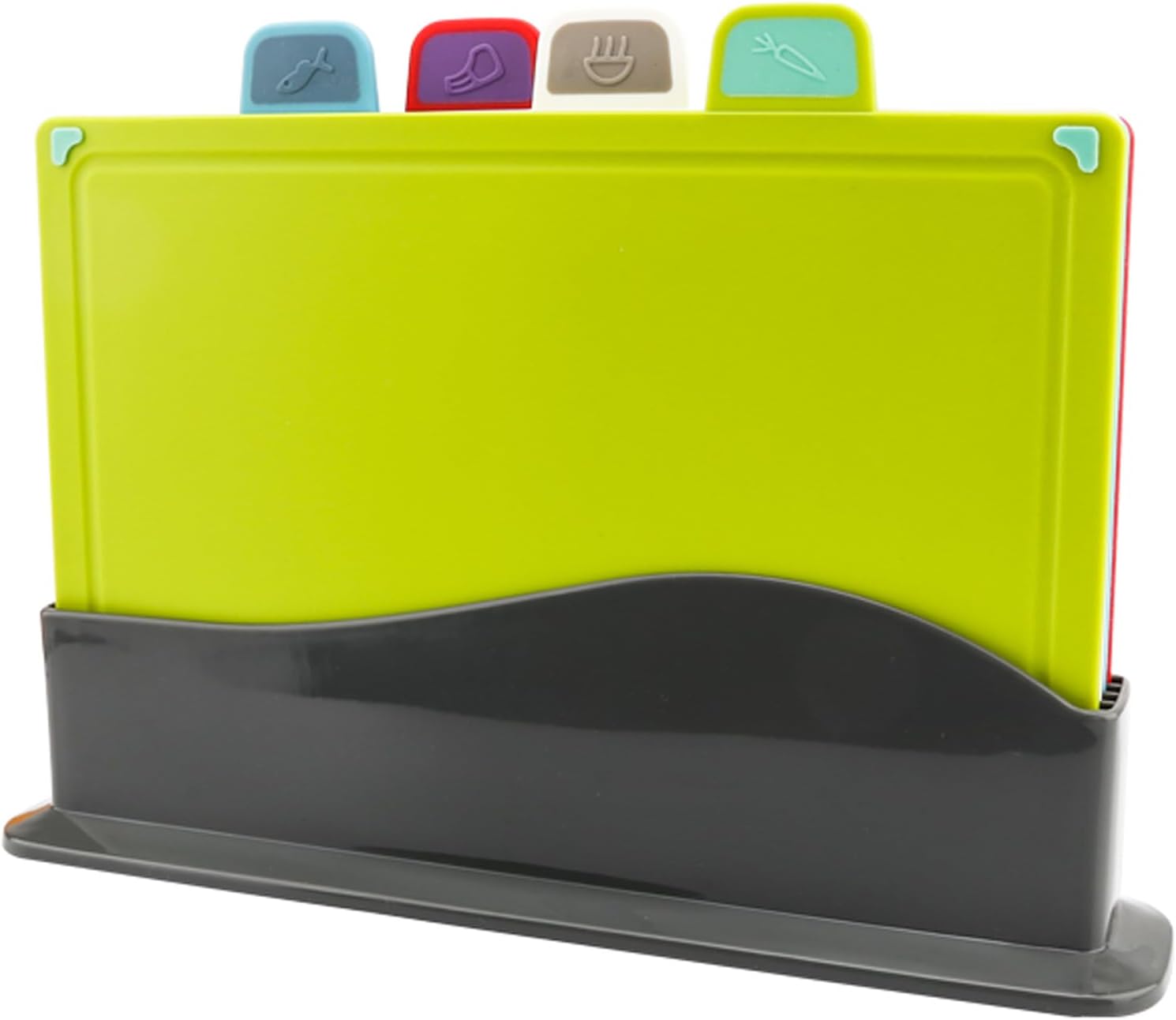 4-Piece Colorful Plastic Cutting Board Set with Storage Stand | Color-Coded | Non-Slip | Dishwasher Safe | Durable Large Food Chopping Boards