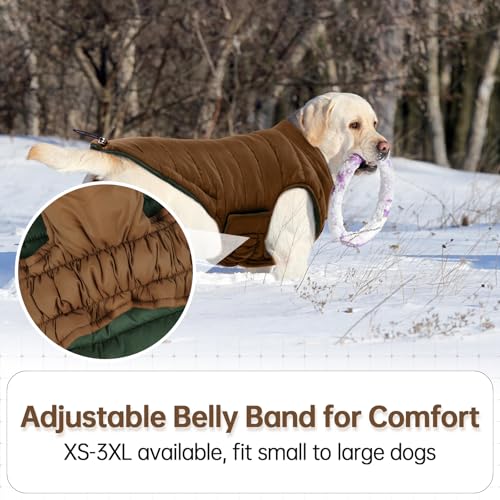 Image of Lelepet Reversible Dog Coat Windproof Dog Jacket Lightweight Puffer Vest | Winter Jacket Warm Cold Weather Coat for Medium Dogs Adjustbale Hook & Loop Pet Apparel with Leash Hole, Pug, Brown, M