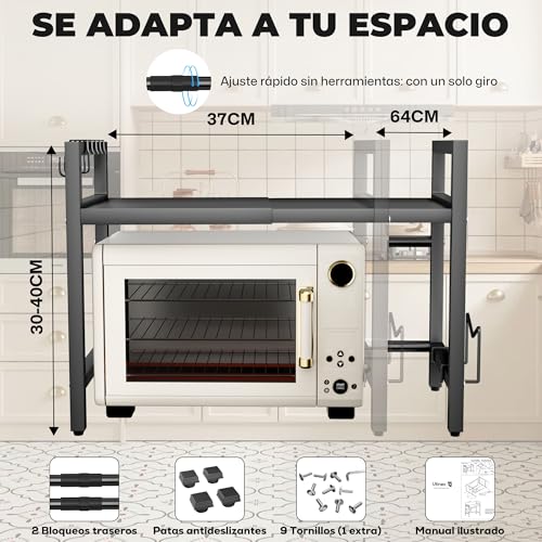 UTINEX® Soporte para Microondas Ajustable - Mueble para Microondas Cocina, Estante para Microondas Extensible, Organizador Encimera - 6 Ganchos, Portacuchillos y Soporte para Tabla de Cortar - (Negro) - imagen 6