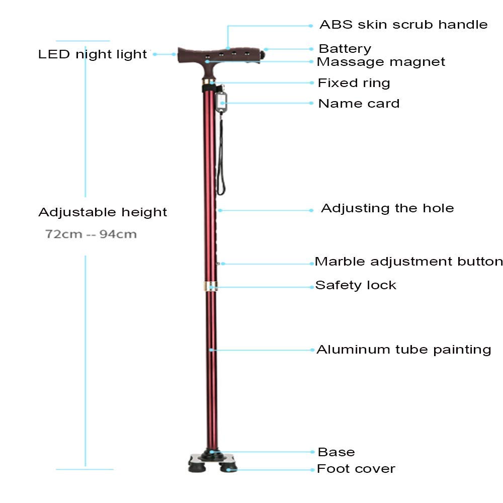 Bastón Plegable, Bastón Teleswalking con Luz Led Muletas De Mango Ergonómico Aleación De Aluminio Ayuda De Movilidad Ajustable En Altura para Ancianos Base Antideslizante Present