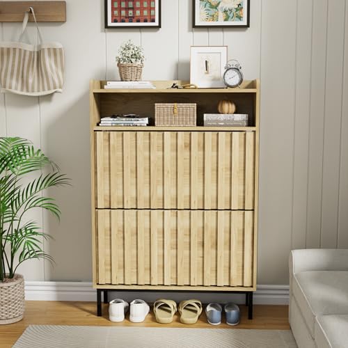 UEV Armoire à Chaussures, Meuble à Chaussures Inclinable, 3 Compartiments (2 Rangements Chaussure+1 Étagère Ouvert), Motif de Ligne, Étagères Réglable...