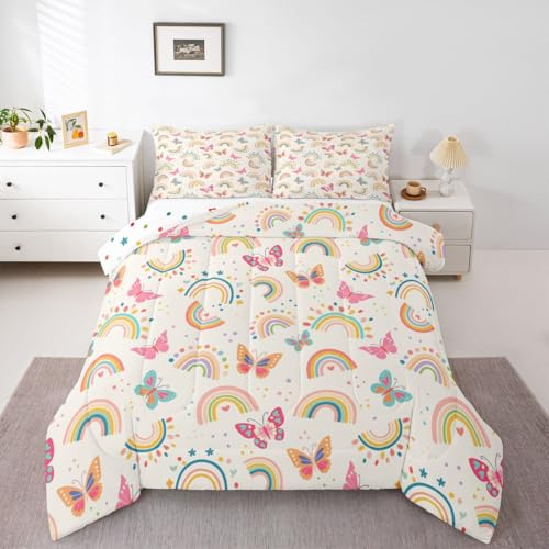 Image of Erosebridal Cartoon Butterflies Queen Comforter Set for Kids Teens Adults,Kids Cute Rainbow Bedding Set,Kawaii Wildlife Duvet Insert,Flying Butterfly Bed Set for All Season