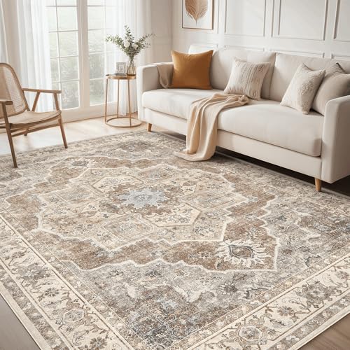 Micgeek Area Rug for Living Room: 8x10 Washable Vintage Neutral Soft Non Slip Thin Large Floor Carpet for Bedroom Kitchen Dining Room Home Office Farmhouse Indoor - Brown
