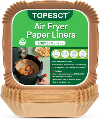 Immagine prodotto: TopEsct Carta da forno per friggitrice ad aria calda, confezione da 120 cm, carta da forno per aria calda, impermeabile, resistente all'olio, per cesti da 4,5 – 8 l