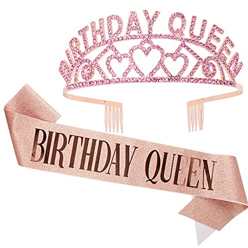 â€œBirthday Queenâ€ Canitor Tiara for Women Birthday Crowns for Women Birthday Sash for Women Birthday Tiara Queen Crown Tiara for Women for Girls Rose Gold Rhinestone Tiara & Sash Set Princess Crown for Women and Girls
