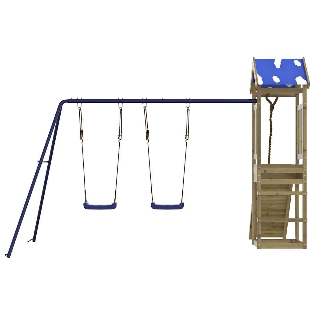 Torre de juego de madera de pino impregnada con columpio y estructura de escalada para jardín, casa de juegos al aire libre con caja de arena, tobogán y cuerda, dispositivo de juegos robusto