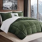 Woolrich Reversible Comforter Set Ultra Soft Plush to Sherpa, Down Alternative, Cold Weather Winter Warm Bedding, with Matching Sham, Decorative Pillow Green/Ivory King 4 Piece