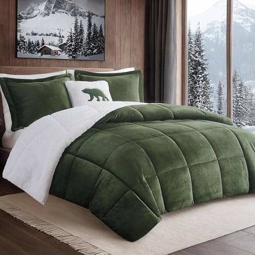 Woolrich Queen Comforter Set Plush Comforters for Queen Size Bed Reversible Sherpa Fuzzy, All Season Plaid Comforters Queen Size Bed Set, Décor Pillow, Alton, Full/Queen Green/Ivory 4 Piece