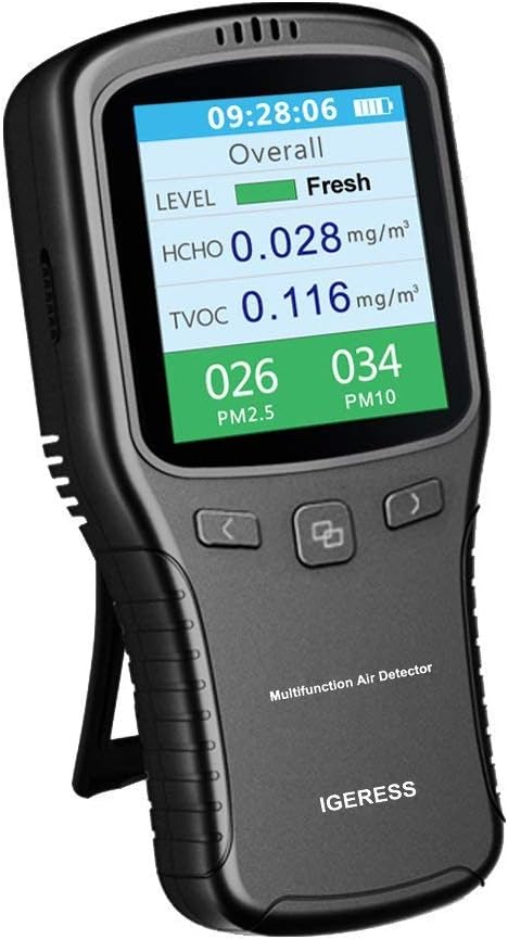 Indoor Air Quality Monitor IGERESS Pollution Meter with Colorful LCD Screen and Holder, Multifunctional Operating System Air Monitor for Formaldehyde (HCHO) VOC PM2.5 PM10 Tester Kit