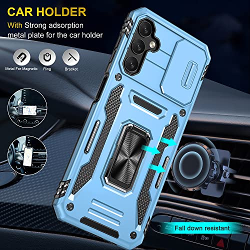 Image of Polycarbonate Slide Camera Cover with Ring Holder Mobile Phone Back Cover for Samsung Galaxy A14 4G /A14 5G (Blue)
