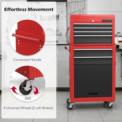 Image of Goplus 6 Drawers Tool Chest, 2-in-1 Rolling Tool Box with Universal Lockable Wheels, Protective Liner, Detachable, Auto Lock, Metal Tool Storage Cart, Heavy Duty Tool Cabinet for Garage Shop