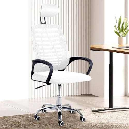 Image of Casa Copenhagen,Mesh Office Desk,Rocking Ergonomic Computer Chair Adjustable High with Headrest and Comfortable Armrest Swivel Chair - Snow White & Black Handle