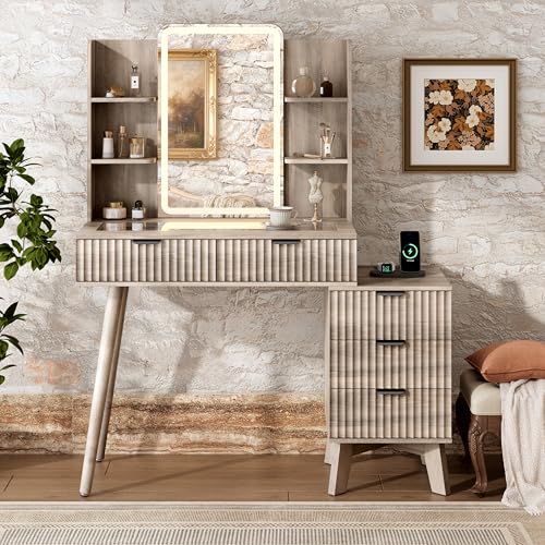 Image of Xixini Fluted Vanity Desk with LED Lights Mirror & Charging Station, Grey