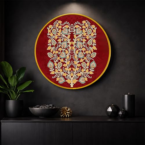 Image of Elegant Kalamkari Round Framed Wall Art Painting For Living Room | Traditional Madhubani Floral Wall Art Painting With Frame For Home, Bedroom & Office, 16 Inch