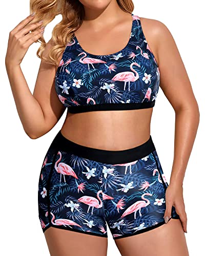 Image of Holipick Women Plus Size Swimsuits - Athletic 3 Piece Tankini with Shorts | Sports bikini top, high waist shorts, tank top, removable pads. Athletic style for water activties