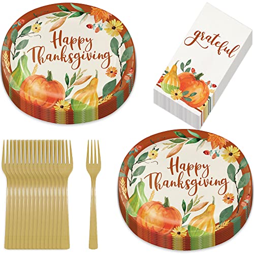 Giving Thanks Colorful Harvest Große ovale Pappteller, Servietten und Gabeln für Herbstpartys und Thanksgiving-Mahlzeiten (für 16 Stück) Cover