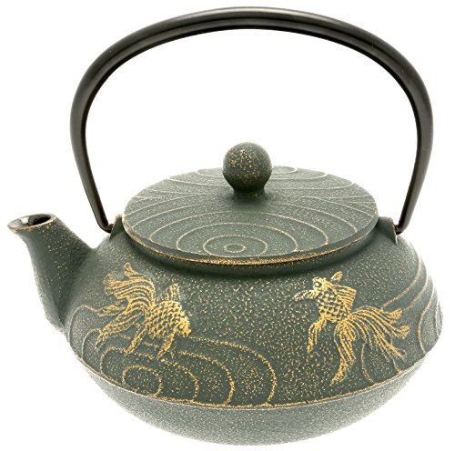 Iwachu Japanese Iron Tetsubin Teapot With"Bronze" Goldfish, Gold/Patina Green #TOP13
