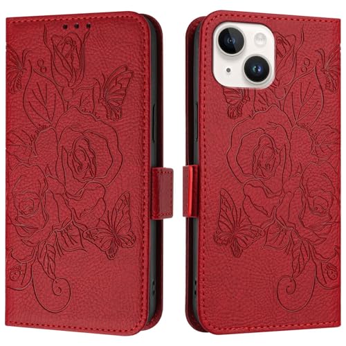 Étui folio iPhone 15 rouge pour un quotidien organisé avec porte-cartes chic