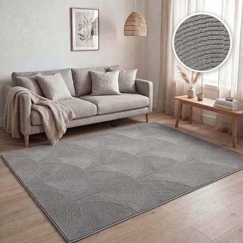Paco Home Teppich Wohnzimmer Kurzflor, Moderne geometrische abstrakte Muster, 3D-Effekt, Regenbogen und Karo Design, glänzend luxuriös Ton in Ton, Farbe:Anthrazit - Bogen, Grösse:80x150 cm