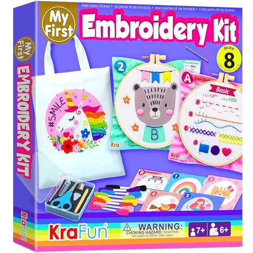 KRAFUN Beginner Embroidery Kit for Kids & Adults - Learn to Stitch Starter Set with 7 Pre-Printed Patterns & Tote Bag - DIY Hand Sewing Practice Project with Hoop, Tool Box & Instructions