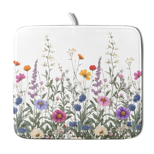 Giwawa Flower Herbs Dish Drying Mat Botanical Plant Dishes Drainer Mat 16x18 inch Reversible Microfiber Drying Dish Pad for Kitchen Counter Decor