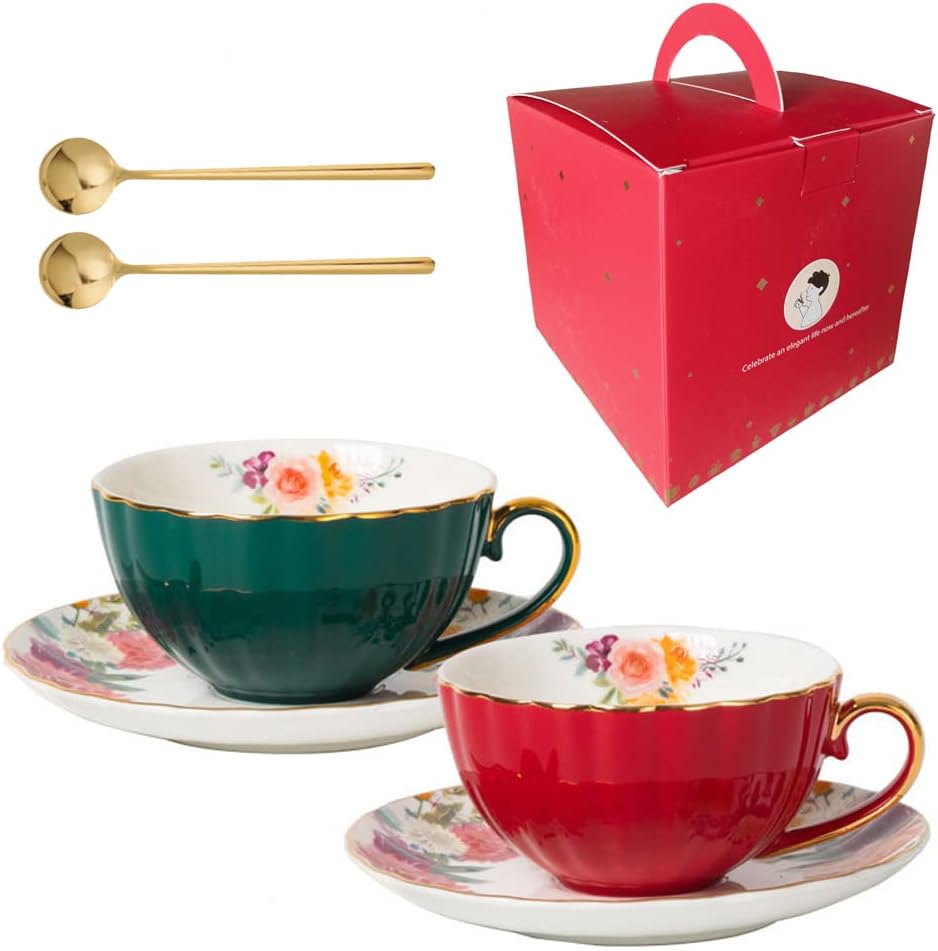 ONEUSTAR Tea Cups and Saucers Set of 2 Bone China Floral English Teacup with Spoon Coffee Cups Cappuccino Espresso Latte Mug for Christmas Gift, 8 Oz