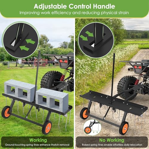 Seeutek 40 Inch Tow Behind Dethatcher, Pull Behind Lawn Dethatcher with 20 Spring Steel Tines Lawn Dethatcher Rake for ATV or Mower w/2 Cement Brick Straps and Gloves, for Garden Farm Grass