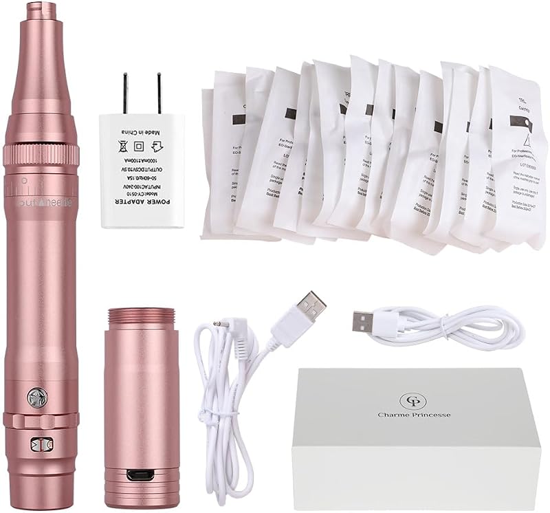 Máquina sem fio para tatuagem e maquiagem permanente Charme Princesse com motor de 5 W e 15 cartuchos de agulhas, Rose Golden, EMK403-4