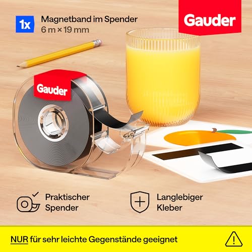 GAUDER Magnetband im Spender - Selbstklebender Magnetstreifen im Abroller für leichte Gegenstände - Zuschneidbares Magnetklebeband zum Befestigen von Postkarten & Fotos auf Metallflächen (6 m x 19 mm)