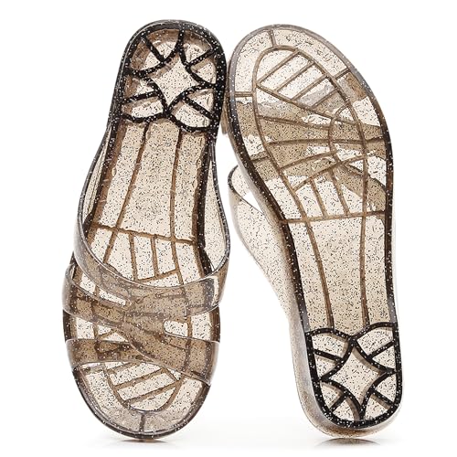 Image of Womens Jelly Shoes, White Jellies Sandals Glitter Clear Flats Slip On Summer Beach Slippers Transparent Closed Toe Soft Slide