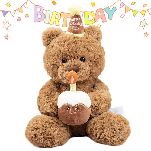 SKIKHN Teddy Plüschtier, 30cm Stofftier Teddy, Teddybär mit Kuchen und Hat, Niedliche Kuscheltier Plüschbär, für Babyparty Deko, Geschenke für Geburtstag, Weihnachten, Valentinstag