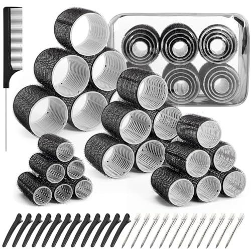 Premify 4 Sizes Hair Rollers Set 50 Pcs Self-Grip Hair Curlers for Women Heatless Curls with 24H Volume & Hold Includes 24 Clips Rat Tail Comb & Storage Bag Suitable for All Hair Types & Styles