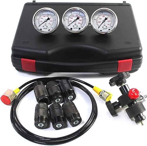 Kit de prueba de presión de nitrógeno, sistema de carga de acumulador hidráulico con manómetro, 3 calibres, 7 acoplamientos y 1 manguera de gas