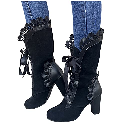 Binggong High Heels Stiefel Damen Langschaft Stiefel Spitze Winterstiefel Schöne Mittelhohe Stiefel Klassische Schnürstiefel Winterschuhe Damenstiefel Punk Stiefel Plateau Schuhe Cover