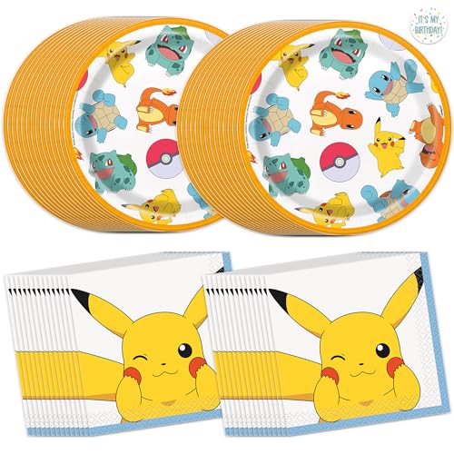 Pokemon Birthday Decorations Party Supplies | 32 Pokemon Plates and Napkins Dessert Sized | Officially Licensed