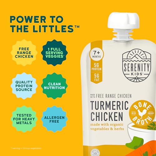 Image of Serenity Kids Bone Broth Puree Made With Organic Veggies | Clean Label Project Purity Award Certified | 3.5 Ounce BPA-Free Pouch | Free Range Turmeric Chicken | 1 Count