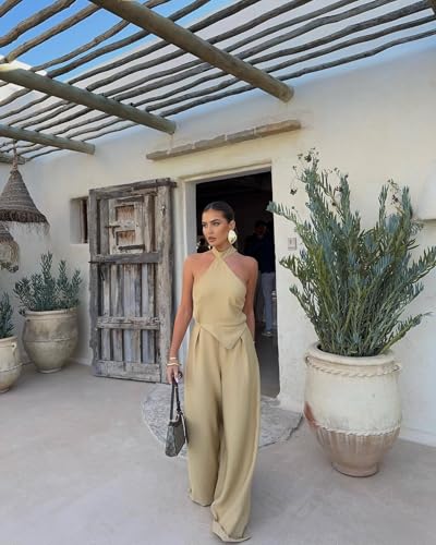 Wuitrie 2 Piece Sets for Women Going Out Tie Up Backless Halter Tops Wide Leg High Waisted Pants Business Casual Work Outfits2