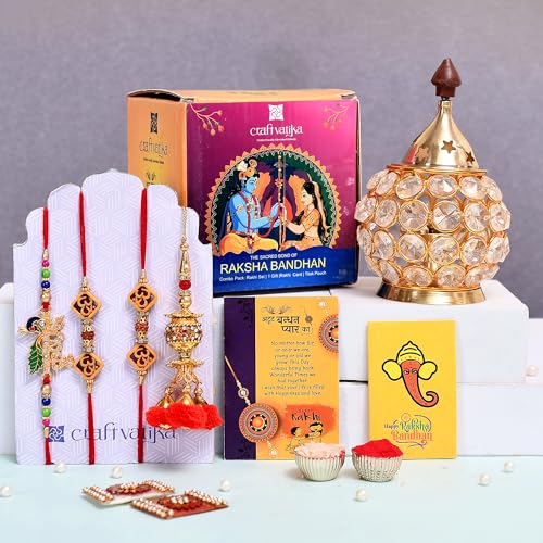 Image of Rakhi for Brother with Gift - Rakhi Gift Combo Set - Rakhi for Bhaiya Bhabhi - Rakshabandhan Gift for Sister- Akhand Crystal Diya Oil Lamp /Krishna Rakhi /Lumba Rakhi /Rudraksh Rakhi /Greeting Card