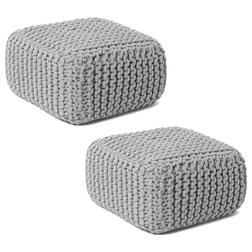 REDEARTH Cube Low Pouf Foot Stool Ottoman Set of 2 - Hand Knitted Poof - Cord Boho Pouffe - Home Décor - Stuffed Footrest for Living Room - Nursery - Bedroom - Patio (16