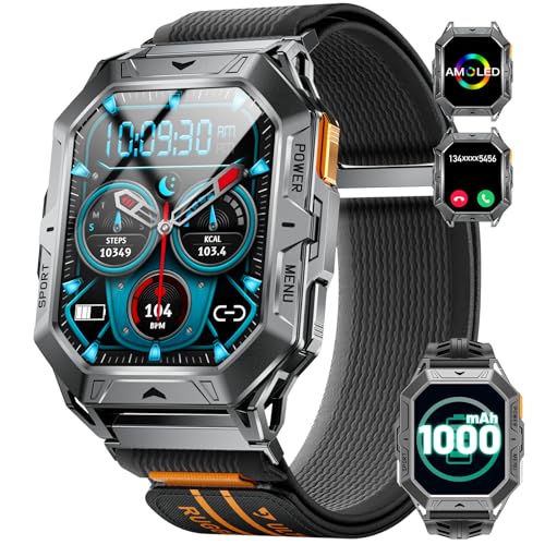 HIRREO Military Smart Watch for Men, 2.13'' AMOLED Display Smartwatch, 80 Days Long Battery, 100+ Sport Mode Fitness Tracker Watch, IP68 Waterproof Rugged Smart Watches for Android iPhone Compatible