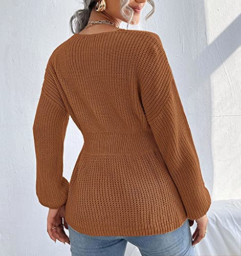 Veatzaer Womens V Neck Sweaters Fall Trendy Casual Long Lantern Sleeve Ribbed Knit Pullover Sweater Tops4