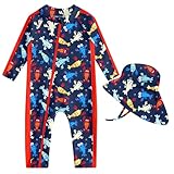 Funnycokid Baby Boy Swimsuit 9-12 Months Bathing Suit Infant Shrimp Zipper Rash Guard One Piece Swim Suit Long Sleeve with Hat UPF 50+