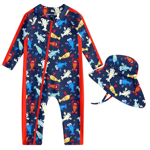Funnycokid Baby Boy Swimsuit 9-12 Months Bathing Suit Infant Shrimp Zipper Rash Guard One Piece Swim Suit Long Sleeve with Hat UPF 50+