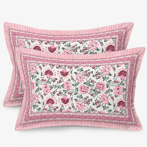 Image of ElanorHomes 180 TC Pure Cotton Pillow Covers Set of 2, Bedroom Pillows with Zip Closure, Soft Smooth Cool Breathable Pillowcases for Home (Pink Shalimar Glow)